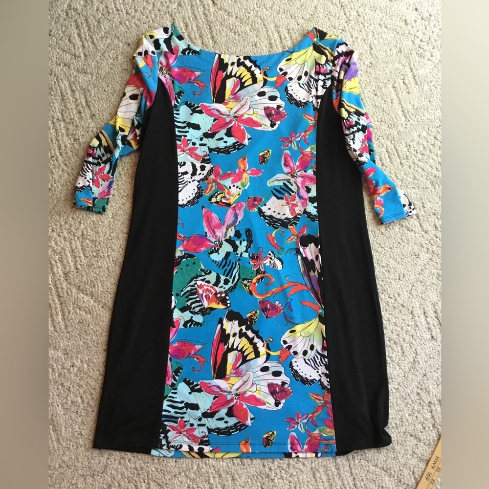 Nicole Blue Floral Midi Dress with Black Side Panels